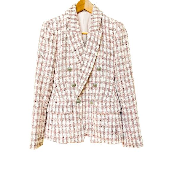 L’Agence Kenzie Blazer Jacket Womens 0 XS Pink Ivory Tweed Houndstooth Preppy - Picture 2 of 11